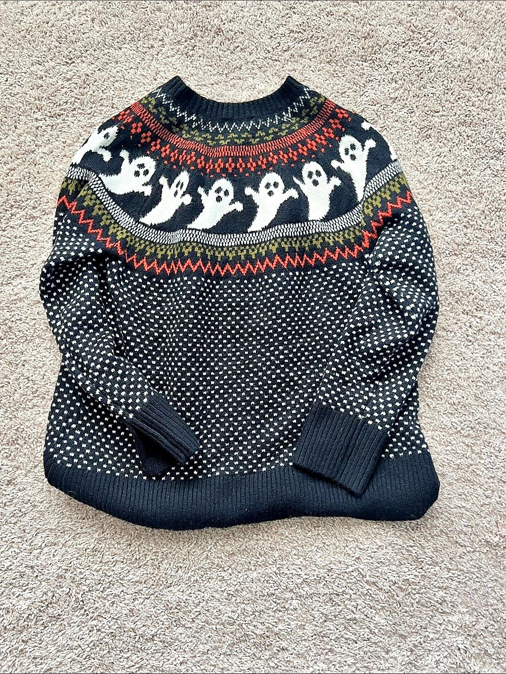 Vince Camuto Halloween Ghost Fair Isle Knit Crew Neck Pullover Sweater Small